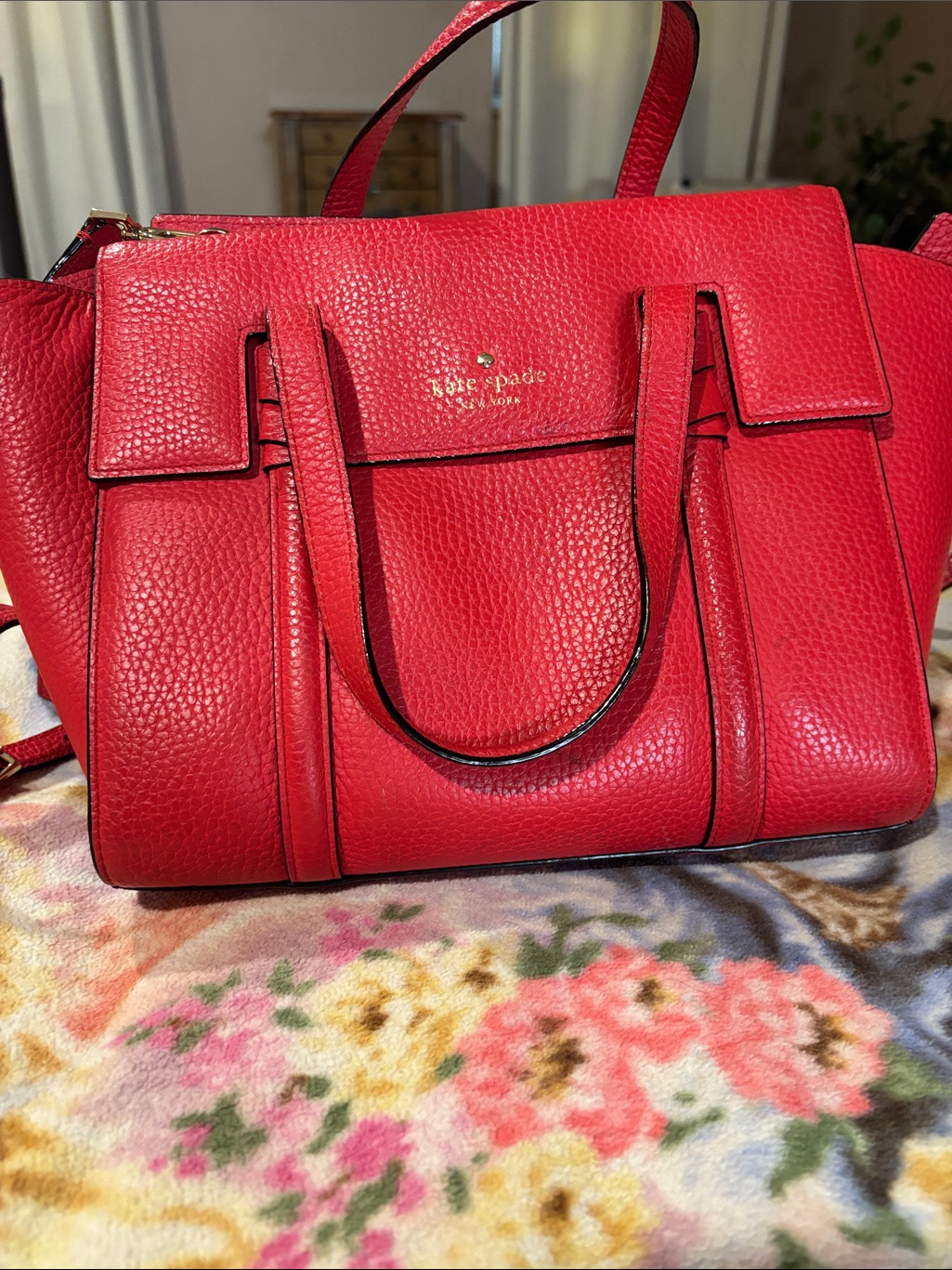 Kate Spade Red Pebbled Leather Structured Satchel With Top Handles
